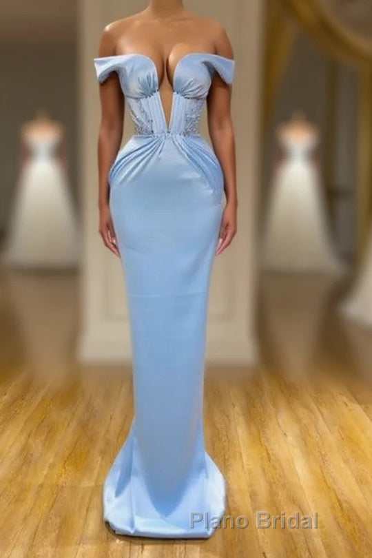 Sky Blue Mermaid V-Neck Off-The-Shoulder Formal Prom Dress Main image