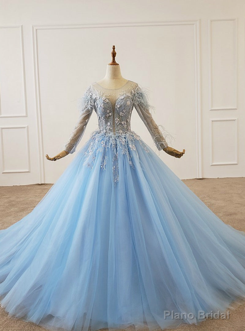 Sky Blue Tulle Long Sleeve Backless Appliques Beading Wedding Dress Main image