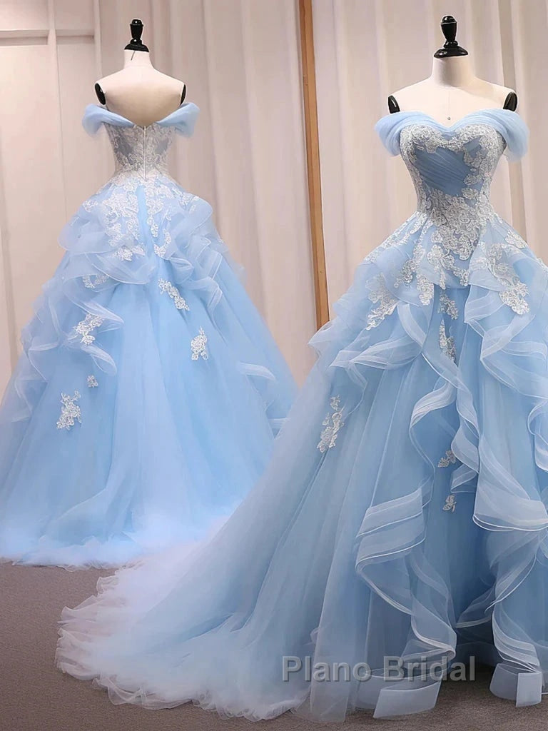 Sky Blue Tulle Ruffles Appliques A Line Formal Prom Dresses Secondary image