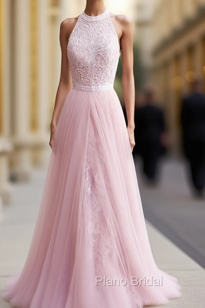 Sleeveless Halter Tulle A-Line With Lace Sweep/Brush Train Dresses Main image