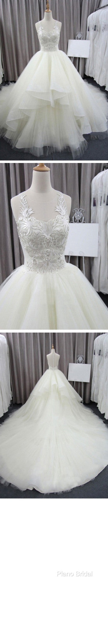 Sleeveless Scoop Yarn Neck Lace Ivory Tulle Asymmetrical Ball Gown Cathedral Train Wedding Dresses, Secondary image