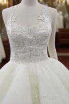 Sleeveless Scoop Yarn Neck Lace Ivory Tulle Asymmetrical Ball Gown Cathedral Train Wedding Dresses,