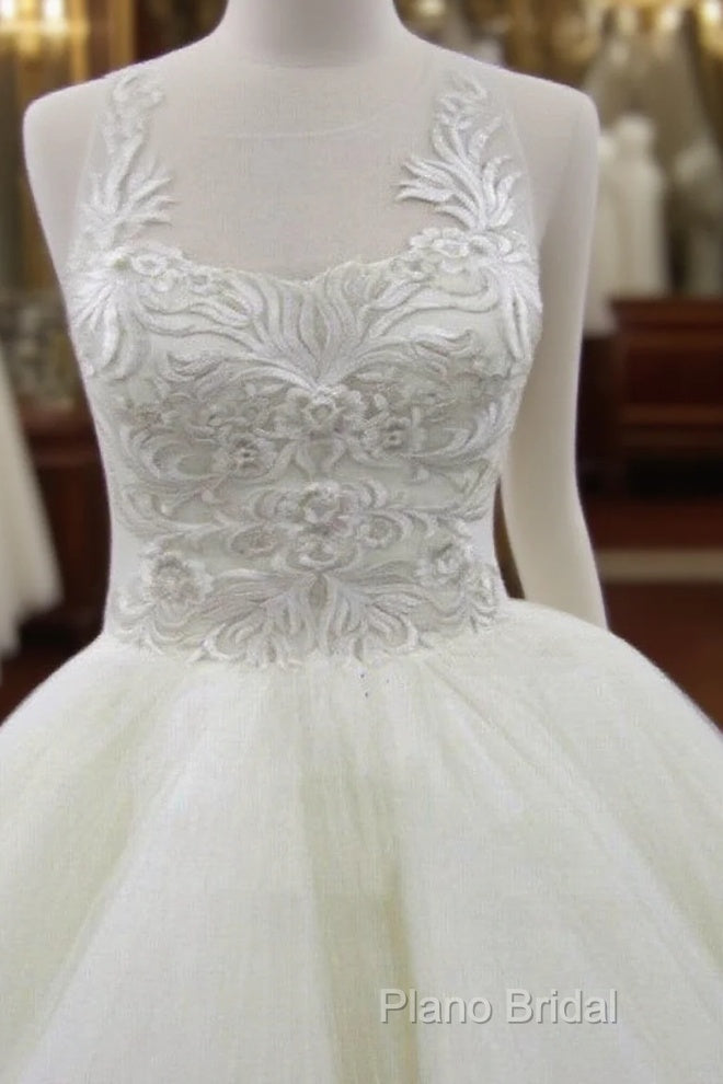 Sleeveless Scoop Yarn Neck Lace Ivory Tulle Asymmetrical Ball Gown Cathedral Train Wedding Dresses,