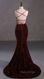 Slim Burgundy Shimmery Open Back Formal Formal Prom Evening Dresses