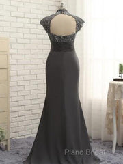 Slim Fit Column Chiffon Lace High Neck Short Sleeved And Floor Length Style Mother Of The Bride Dresses