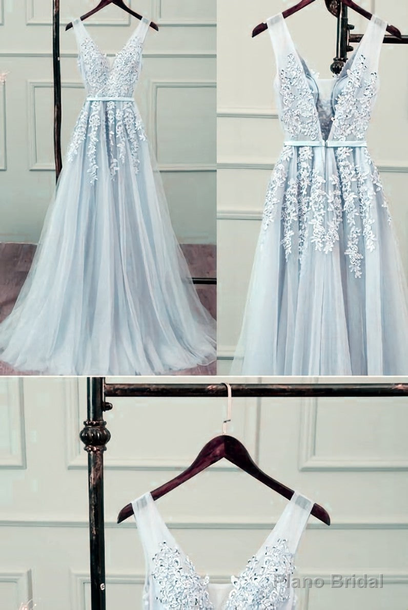 Sliver-Grey Tulle Long Lace V-neckline Party Dress, Floor Length Prom Dress Main image
