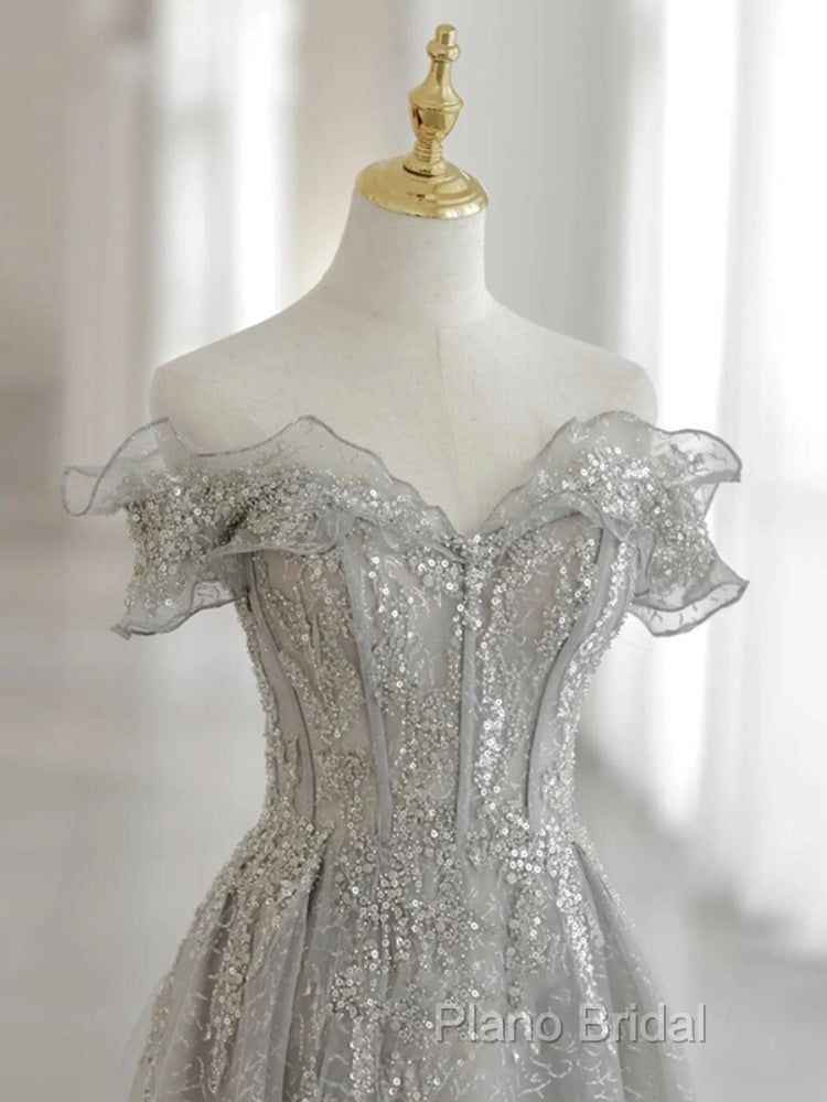 Sliver-Grey Tulle With Sequins Long Party Dresses,A-Line Floor Length Formal Prom Dresses