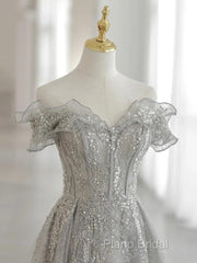 Sliver-Grey Tulle With Sequins Long Party Dresses,A-Line Floor Length Formal Prom Dresses