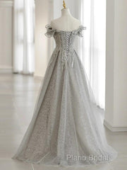 Sliver-Grey Tulle With Sequins Long Party Dresses,A-Line Floor Length Formal Prom Dresses