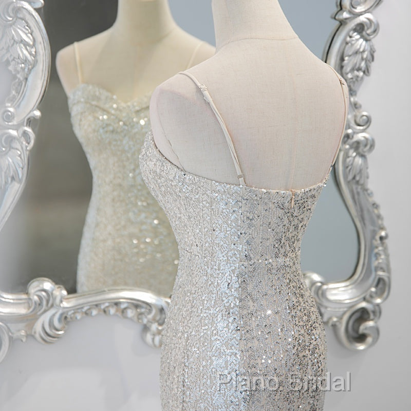Sliver Sequins Mermaid Straps Long Formal Gown Formal Prom Dresses, Long Party Dresses Formal Dresses