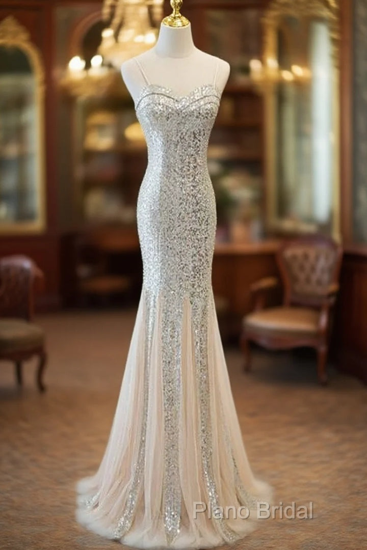 Sliver Sequins Mermaid Straps Long Formal Gown Formal Prom Dresses, Long Party Dresses Formal Dresses Main image
