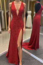 Backless Royal Blue Sequins Formal Prom Gown with Slit