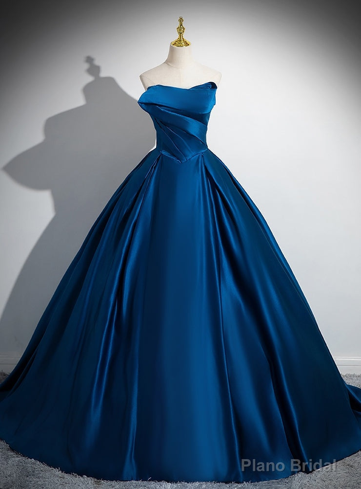 Somple Blue Satin Strapless Pleats Prom Dress Main image