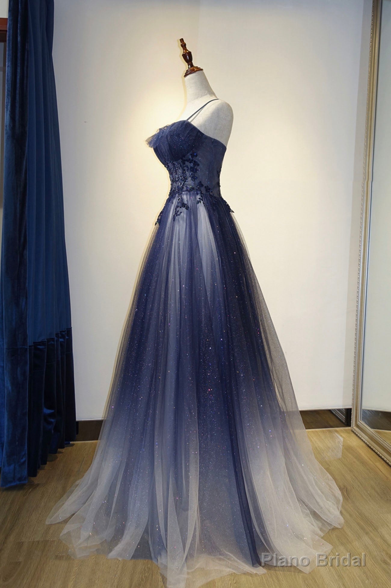 Spaghetti Strap Gradient Tulle Long Formal Dress, Blue Evening Party Dress Secondary image