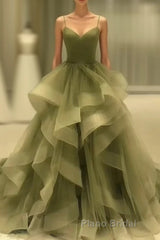 Spaghetti Strap Green A Line Long Prom Dress Formal Evening Gown Party Dress