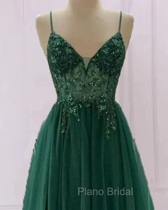 Spaghetti Strap Green A Line Long Formal Prom Dresses V Neck Formal Evening Gown Party Dresses