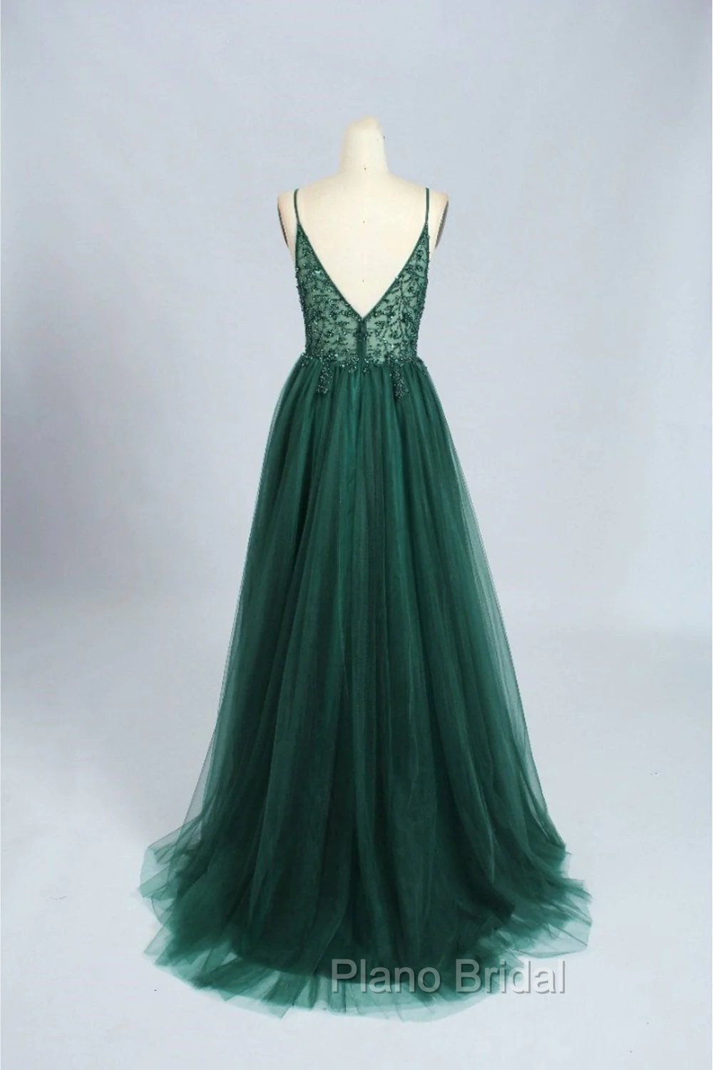 Spaghetti Strap Green A Line Long Formal Prom Dresses V Neck Formal Evening Gown Party Dresses