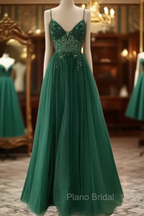 Spaghetti Strap Green A Line Long Formal Prom Dresses V Neck Formal Evening Gown Party Dresses