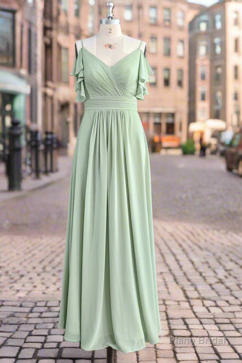Spaghetti Strap Ruffles V-neck Chiffon Dusty Sage Green Bridesmaid Dresses Main image