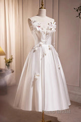 Spaghetti Strap Satin White Floral Short Formal Prom Dresses