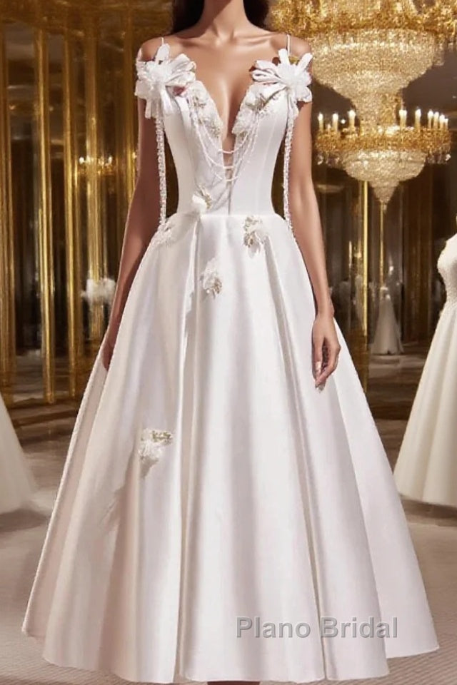 Spaghetti Strap Satin White Floral Short Formal Prom Dresses Main image