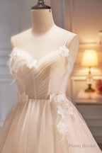 Spaghetti Strap V Neck Tulle Short Prom Dress, Cute Champagne Homecoming Dress