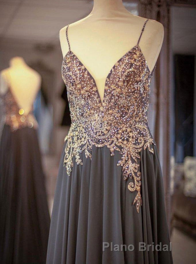 Gray Spaghetti Straps A-line Beaded Long Formal Prom Dresses Secondary image