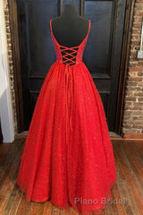 Spaghetti Straps A-line Red Shiny Formal Prom Gown,Long Formal Prom Dresses