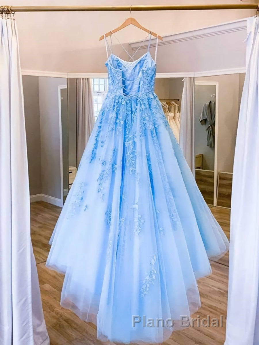 Spaghetti Straps Backless Blue Lace Formal Prom Dresses, Open Back Blue Lace Formal Evening Dresses