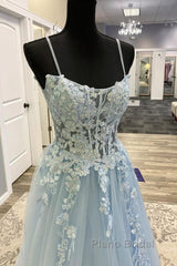 Spaghetti Straps Blue Lace Formal Prom Dresses, Blue Lace Long Formal Evening Dresses