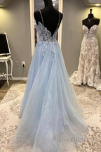 Spaghetti Straps Blue Lace Formal Prom Dresses, Blue Lace Long Formal Evening Dresses