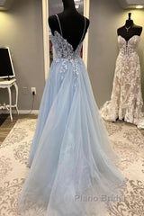 Spaghetti Straps Blue Lace Formal Prom Dresses, Blue Lace Long Formal Evening Dresses