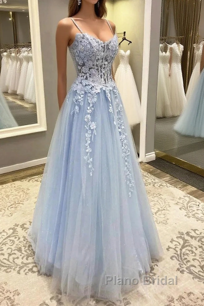 Spaghetti Straps Blue Lace Formal Prom Dresses, Blue Lace Long Formal Evening Dresses