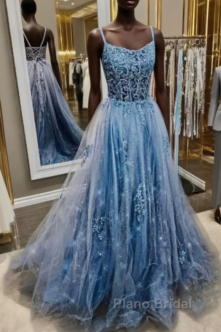 Spaghetti Straps Blue Lace Formal Prom Dresses, Blue Lace Long Formal Graduation Dresses Main image