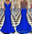 Spaghetti Straps Blue Satin Mermaid Formal Prom Dresses