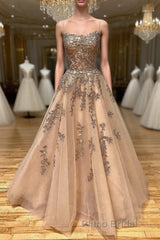 Spaghetti Straps Champagne Lace Tulle Long Formal Prom Dress, Champagne Lace Formal Evening Dress, Champagne Ball Gown