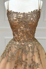Spaghetti Straps Champagne Lace Tulle Long Formal Prom Dress, Champagne Lace Formal Evening Dress, Champagne Ball Gown
