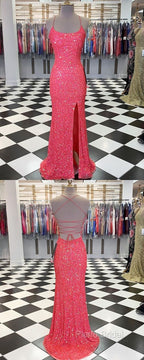 Spaghetti Straps Coral Pink Sequin Mermaid Formal Prom Dresses With Slit