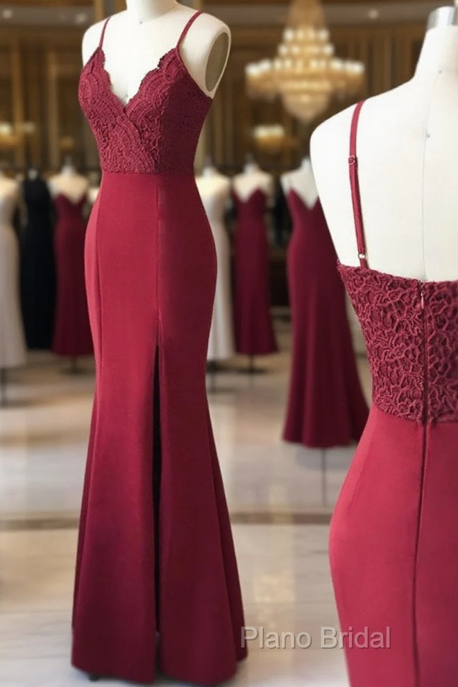 Spaghetti Straps Floor Length Burgundy Lace Formal Prom Dresses, Burgundy Lace Formal Bridesmaid Dresses