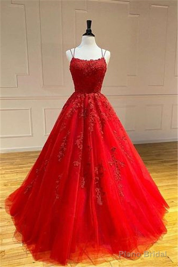 Spaghetti Straps Floral Lace Aline Evening Gown Sleeveless Prom Party Gowns Main image