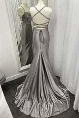Spaghetti Straps Grey Mermaid Satin Long Formal Prom Dresses