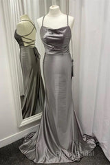 Spaghetti Straps Grey Mermaid Satin Long Formal Prom Dress