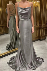 Spaghetti Straps Grey Mermaid Satin Long Formal Prom Dress