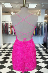 Spaghetti Straps Hot Pink Bodycon Mini Dresses,Graduation Dresses