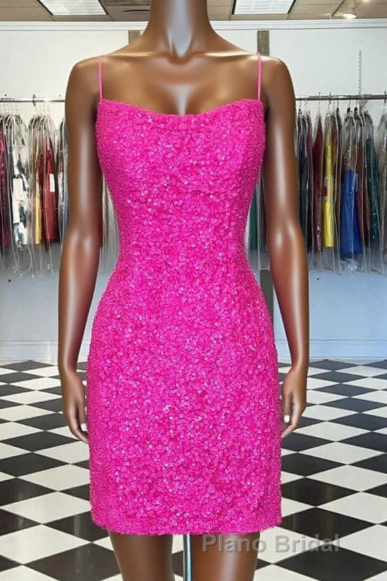 Spaghetti Straps Hot Pink Bodycon Mini Dresses,Graduation Dresses Main image