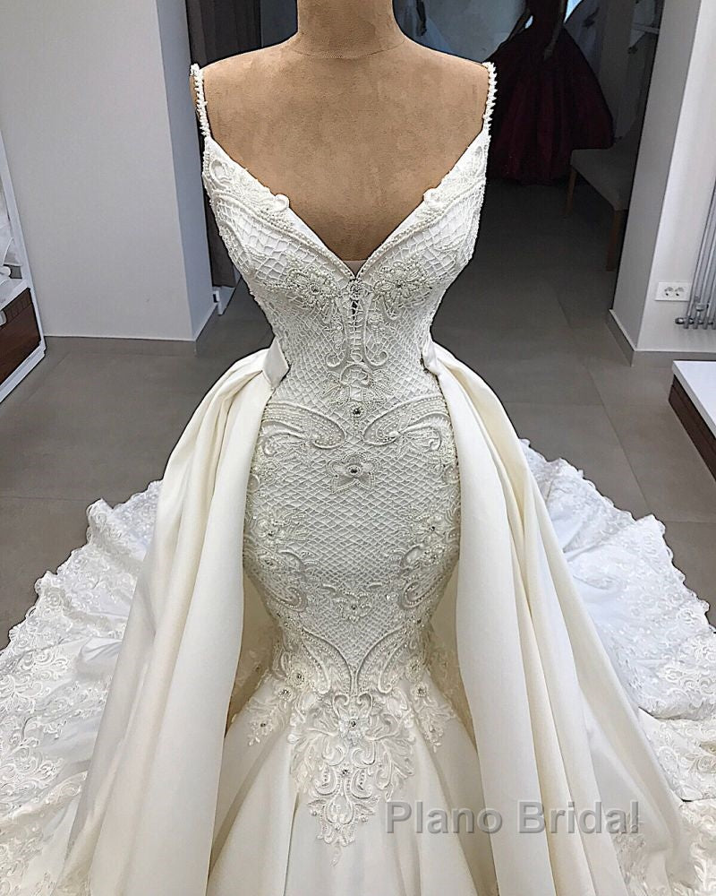 Spaghetti Straps Lace Fit and Flare Wedding Dresses Overskirt Appliques Detachable Satin Backless Bridal Gowns Secondary image