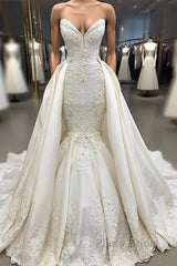 Spaghetti Straps Lace Fit and Flare Wedding Dresses Overskirt Appliques Detachable Satin Backless Bridal Gowns
