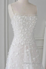 Spaghetti Straps Lace Tulle Floor Length Beads Formal Prom Dresses Wedding Dresses With Flowers