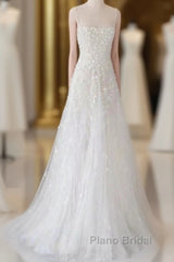 Spaghetti Straps Lace Tulle Floor Length Beads Formal Prom Dresses Wedding Dresses With Flowers