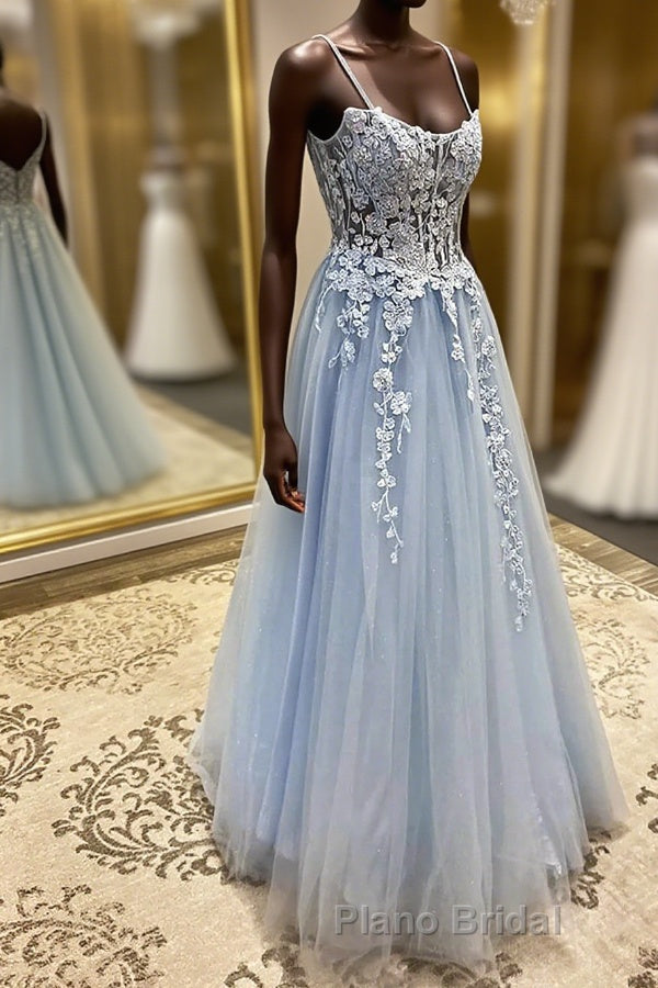Spaghetti Straps Light Blue Lace Formal Prom Dresses, Light Blue Lace Formal Evening Dresses Main image